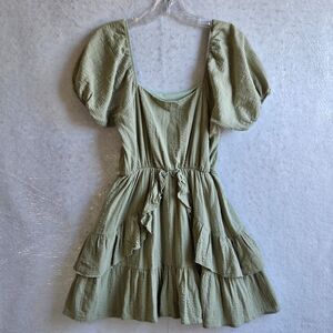 PEACH LOVE CA Mini Dress Womens Sz S Puff Sleeves Ruffle Layered Green Lined